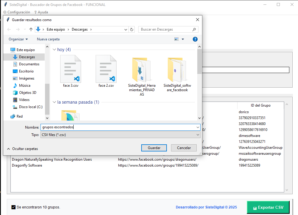 Vista previa de exportación CSV del software